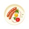 Scrambled eggs and sausages on a plate. Fried tomato slice with herbs and egg. Healthy breakfast. Healthy eating. Vector