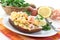 Scrambled eggs with shrimp and dill