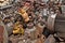 Scrap with electric motors and rusty metal parton scrap heap ready for recycling