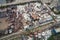 Scrap metal junkyard area aerial view. Reception and storage metal waste before recyclyng