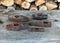 Scrap metal from various spare parts, rusty old antique iron hammers, scrap metal