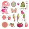 Scrapbook elements by crimson, pink, green colors with rabbit, cupcakes, ice cream, gift, tulip, butterfly.