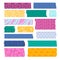 Scrapbook tape. Color patterned borders, decoration adhesive tapes. Paper scotch strips, colorful fabrics tags vector