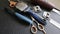 Scraps of dog wool after shearing. On the table are professional tools for cutting animal groomer. close-up