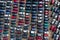 Scrapyard Aerial View. Old rusty corroded cars in car junkyard. Car recycling industry from above