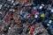 Scrapyard Aerial View. Old rusty corroded cars in car junkyard. Car recycling industry from above