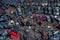 Scrapyard Aerial View. Old rusty corroded cars in car junkyard. Car recycling industry from above