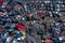 Scrapyard Aerial View. Old rusty corroded cars in car junkyard. Car recycling industry from above