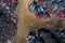 Scrapyard Aerial View. Old rusty corroded cars in car junkyard. Car recycling industry from above