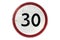 Scratched round white road sign with red border `Speed limit 30