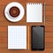 Scratchpad sheets, cappuccino, smartphone