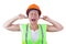 Screaming Attractive Woman Worker in Safety Jacket and Yellow He