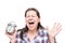 Screaming crazy woman with an alarm clock in her hands