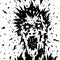 The screaming face of a ghost with protruding hair and blood splatters.