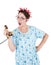 Screaming funny housewife with old telephone