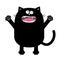 Screaming meowing black cat silhouette holding hands up. Eyes, teeth, tongue, paw print. Cute cartoon kawaii funny boo spooky char