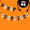 Screaming monster head silhouette. Bunting flags pack Happy Halloween letters. Flag garland. Hanging upside down. Black Funny Cute