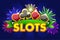 Screen logo Casino slots, banner on blue background with icons, ribbon and fireworks, background game screensaver