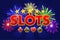 Screen logo Casino slots, banner on blue background with icons, stars and fireworks, background game screensaver. Vector