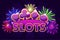 Screen logo slots, banner on violet background with icons, ribbon and fireworks, background game screensaver. Vector