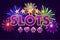 Screen logo slots, banner on violet background with icons, stars and fireworks, background game screensaver. Vector