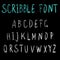 Scribble font. VECTOR light blue and white letters on black.