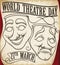 Scroll with Masks Draw and Curtains to Celebrate Theatre Day, Vector Illustration