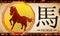 Scroll with Medal with Chinese Zodiac Horse over Fire Background, Vector Illustration