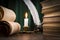 Scrolls of parchment, a stack of books, and a lit candle