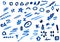 Scruffy watercolor blue symbols isolated on white background. Sketches of geometric shapes, lines, drawings are arranged randomly