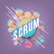 Scrum isometric gradient text design on abstract geometric fluid colors shapes and bubbles.