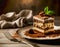 Scrumptious delicious tiramisu on a plate dusted with cocoa powder decorated with fresh mint. AI generated