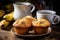 Scrumptious homemade banana muffins with a cup of tea on a cozy table against a rustic background