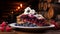 Scrumptious homemade blueberry pie with fresh juicy berries on a charming rustic wooden background
