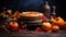 Scrumptious homemade pumpkin pie with a golden, flaky crust on a charming rustic wooden background