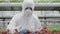 Scrupulous female biologist in respirator looking at plants in greenhouse. Portrait of Caucasian woman in protective