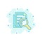 Scrutiny document plan icon in comic style. Review statement vector cartoon illustration pictogram. Document with magnifier loupe