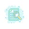 Scrutiny document plan icon in comic style. Review statement vector cartoon illustration pictogram. Document with magnifier loupe