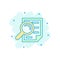 Scrutiny document plan icon in comic style. Review statement vector cartoon illustration pictogram. Document with magnifier loupe