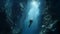 Scuba deep sea diver swimming in a deep ocean cavern ,generated with AI.