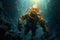 Scuba deep sea diver swimming in a deep ocean cavern. Generative AI