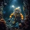 Scuba deep sea diver swimming in a deep ocean cavern, Underwater exploration