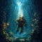 Scuba deep sea diver swimming in a deep ocean cavern, Underwater exploration