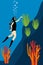 Scuba dive in flat style on blue background. vertical Vector design. Beautiful for lifestyle design. Sea swimming. Water