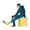 Scuba diver in blue wetsuit sitting and puts on green flippers. Vector illustration in the flat cartoon style.
