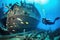 scuba diver exploring submerged shipwreck, with schools of tropical fish swimming among the wreckage