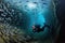 scuba diver exploring underwater cavern, with schools of fish swimming in the background
