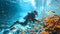 Scuba diver exploring a vibrant coral reef teeming with colorful fish. Concept of underwater adventure, marine
