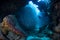 Scuba Diver, Fish, and Underwater Cavern