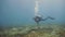 Scuba diver floating on sea bottom and waving hand to camera, underwater view